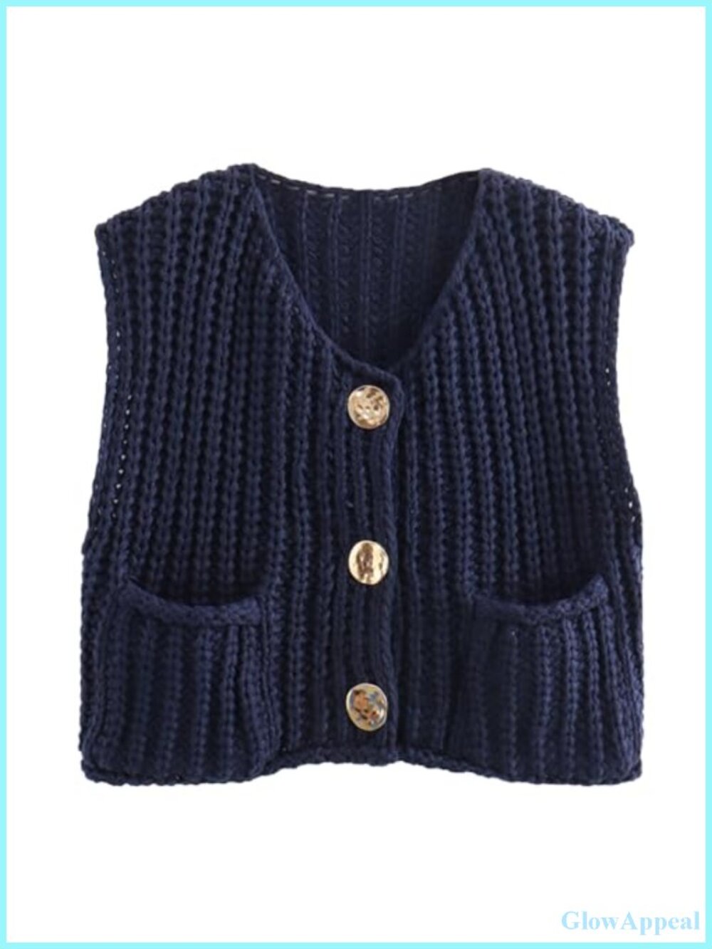 Sleeveless Cropped Knit Cardigan with Pockets, Button Down Crochet Sweater Vest